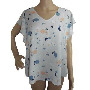 M&S Collections Blouse Womens USA Sz 10 Gray Blue Purple Print ruffle cap flowy